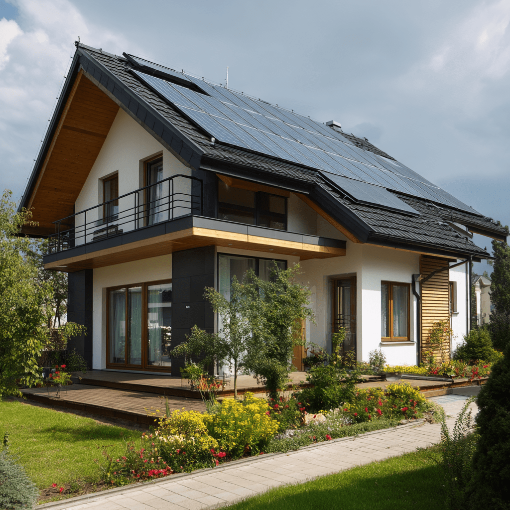 Energieeffizientes Haus mit PV-Anlage auf dem Dach